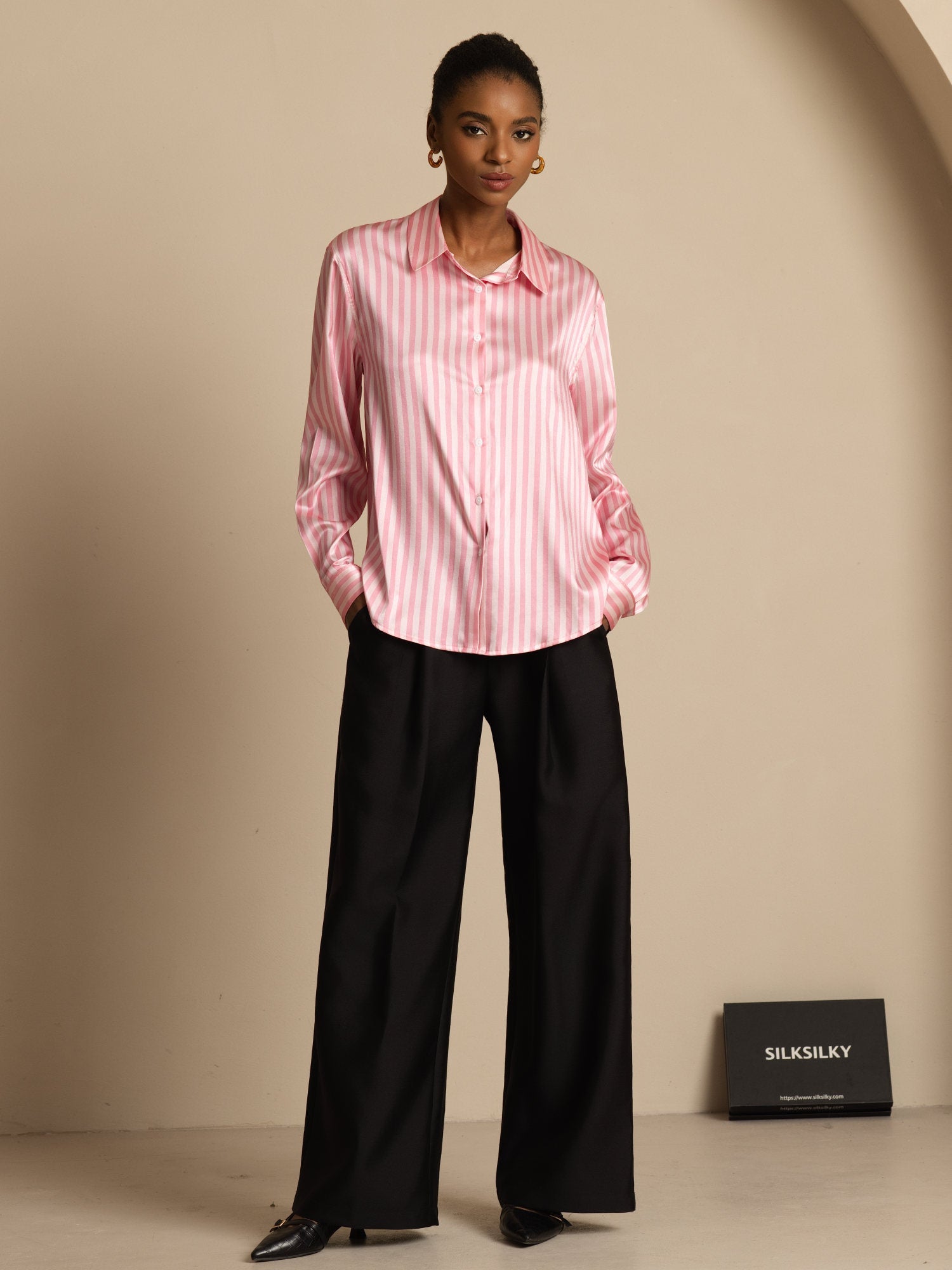 [Rosa Rand] SilkSilky-SE Silke Lång Ärm Krage Damskjorta 005