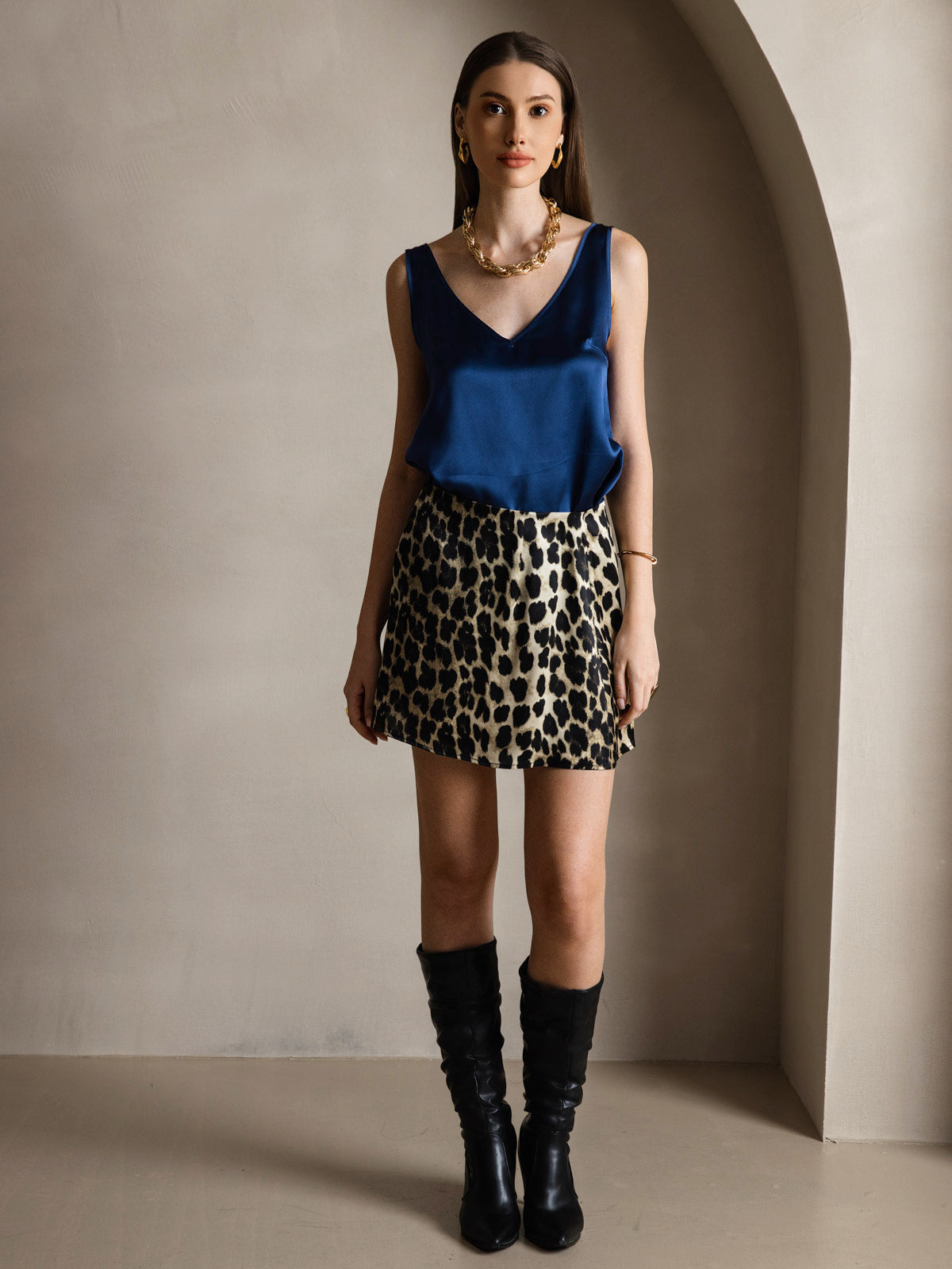 [Mörkblå] SilkSilky-SE 19Momme Ärmlös V Ringning Cami Toppar 007