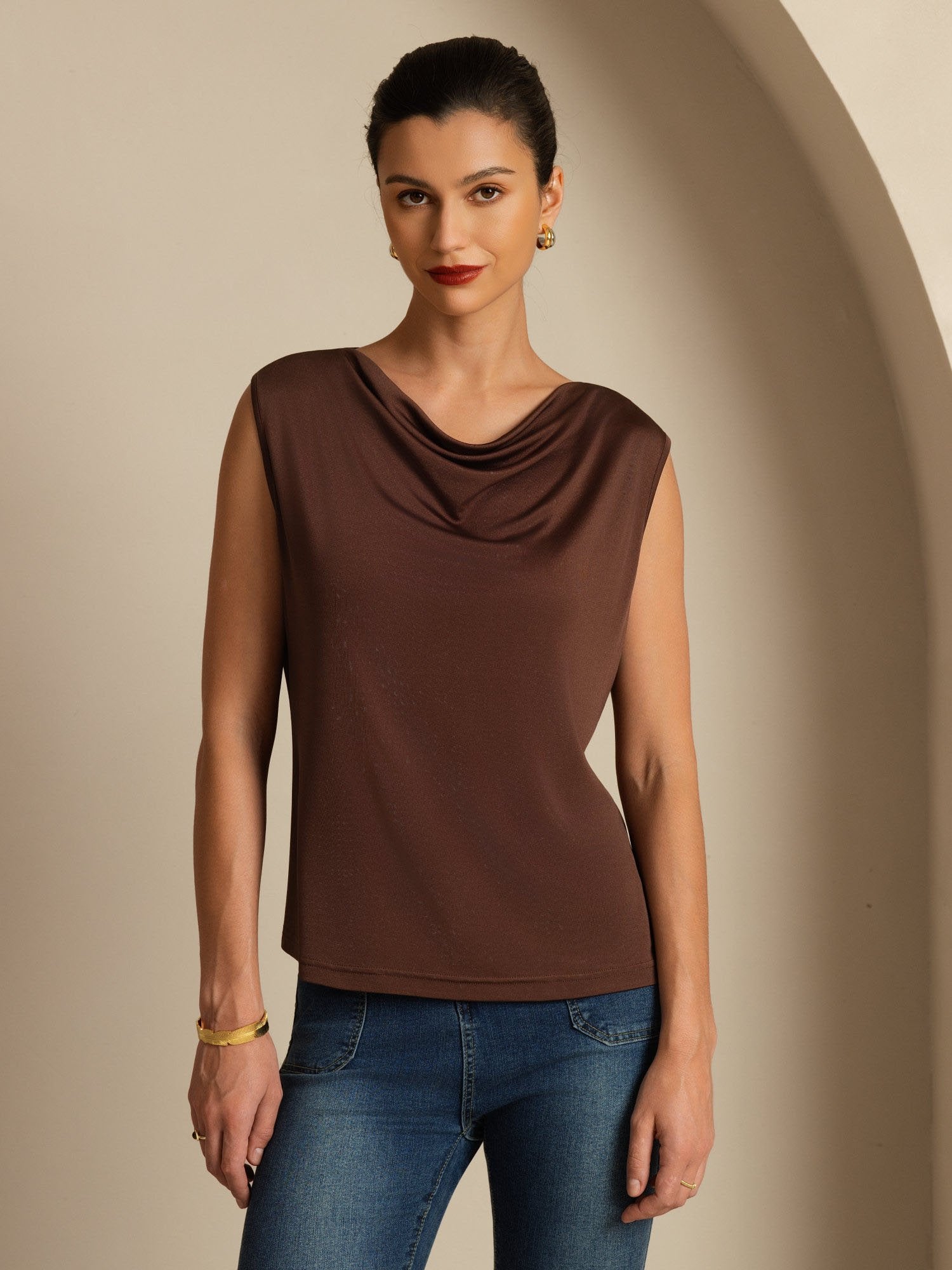 [Kaffe] SilkSilky-SE Ärmlös Cowl Halsringning Dam T-Shirt 003