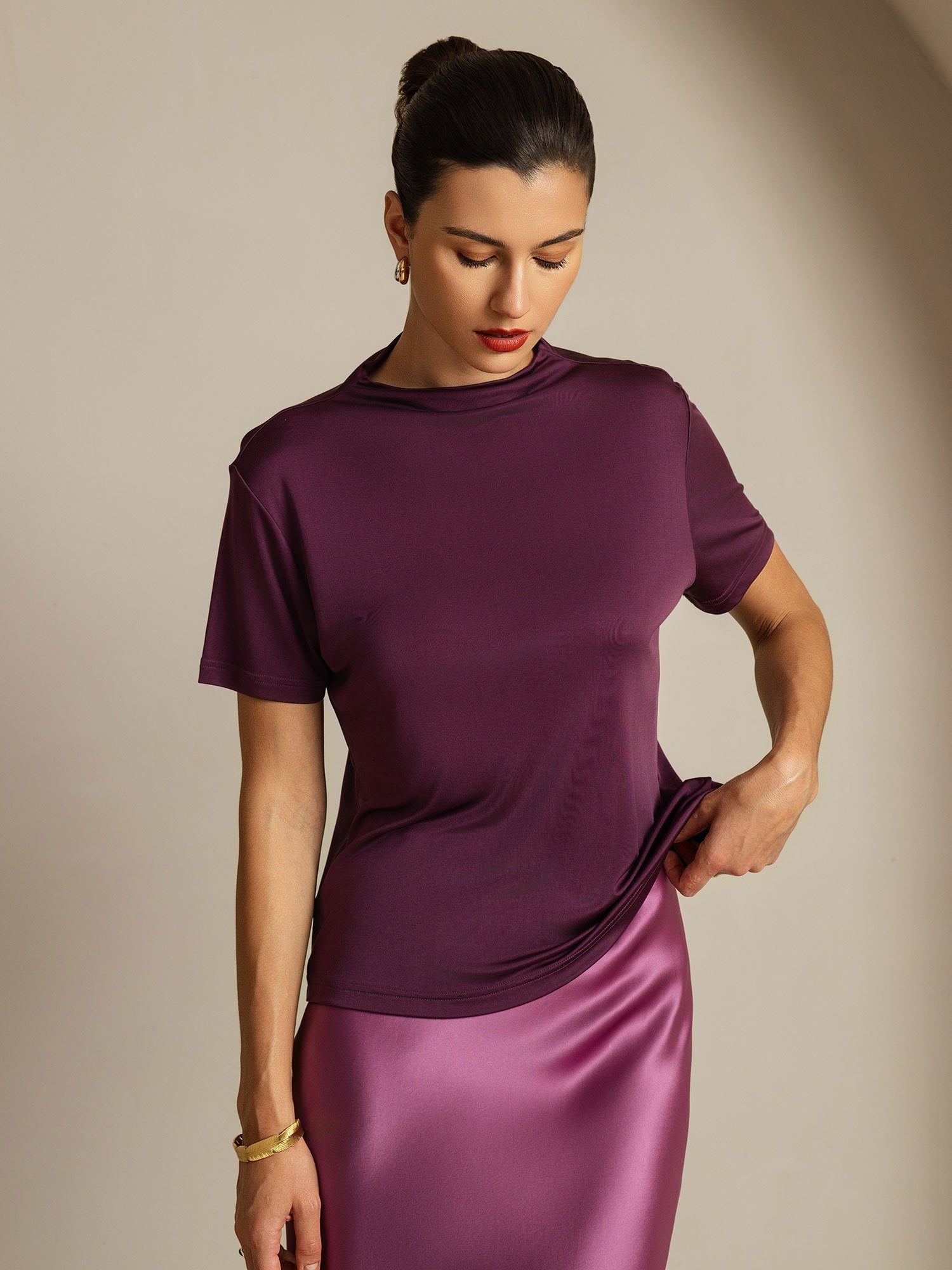 [Lila] SilkSilky-SE Rent Silke Krage Dam T-Shirt 006