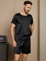 [Svart] SilkSilky-SE Rent Silke Kort Ärm Round Neck Herr Pyjama 003