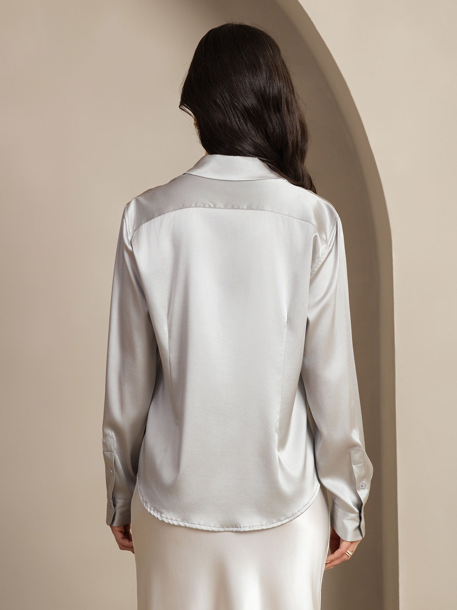 [Ljusgrå] SilkSilky-SE Silke Lång Ärm Krage Damskjorta 002