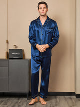 [Mörkblå] SilkSilky-SE Long Sleeve Lapel Collar Herr Pyjama 004
