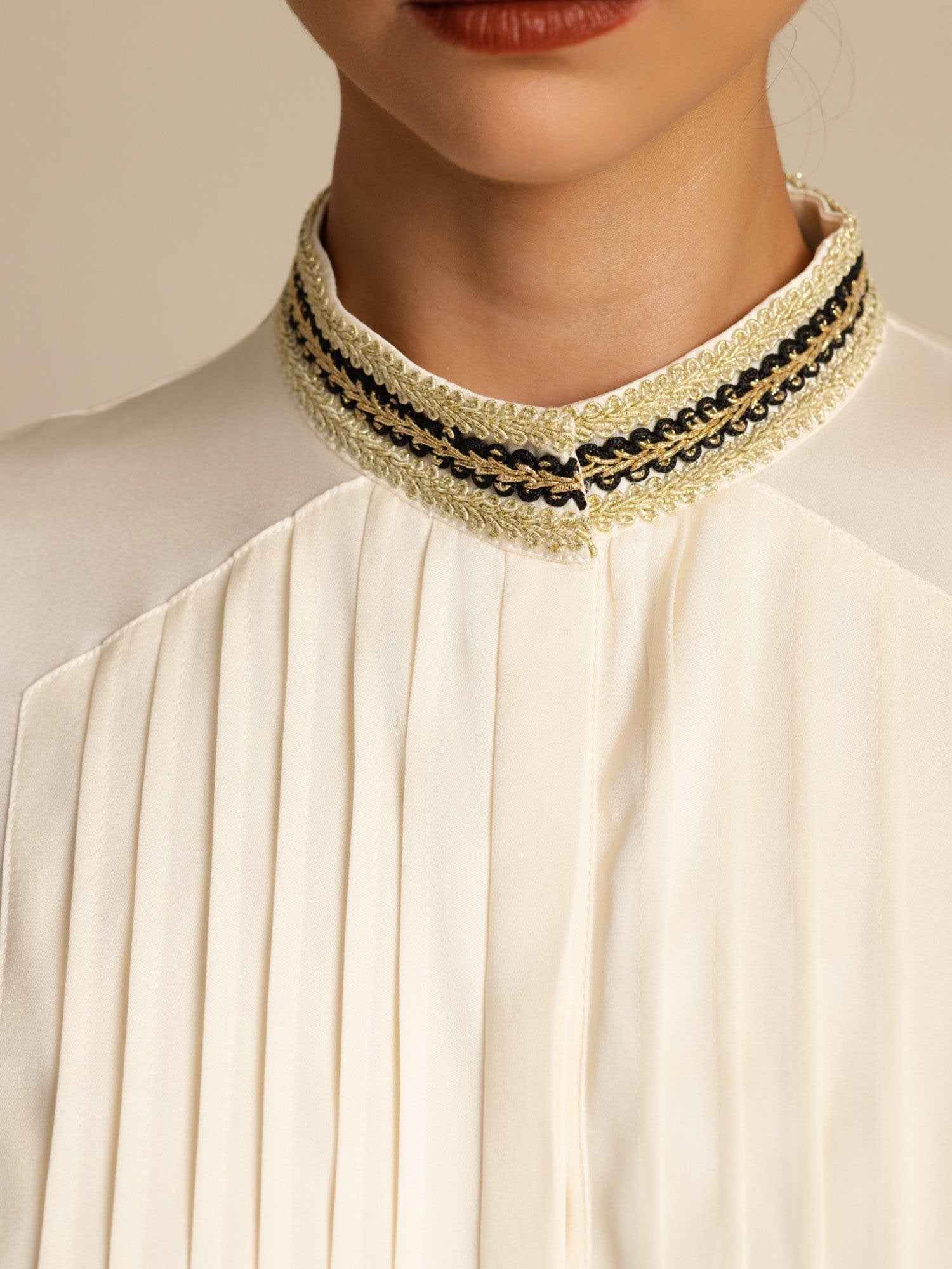 [Havspärla] SilkSilky-SE 19Momme Silke Lång Ärm Ståkrage Blus 005