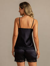 [Svart] SilkSilky-SE Spaghetti Strap V Neck Camisole Set 002