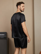 [Svart] SilkSilky-SE Rent Silke Kort Ärm Round Neck Herr Pyjama 002