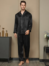 [Svart] SilkSilky-SE Long Sleeve Lapel Collar Herr Pyjama 006