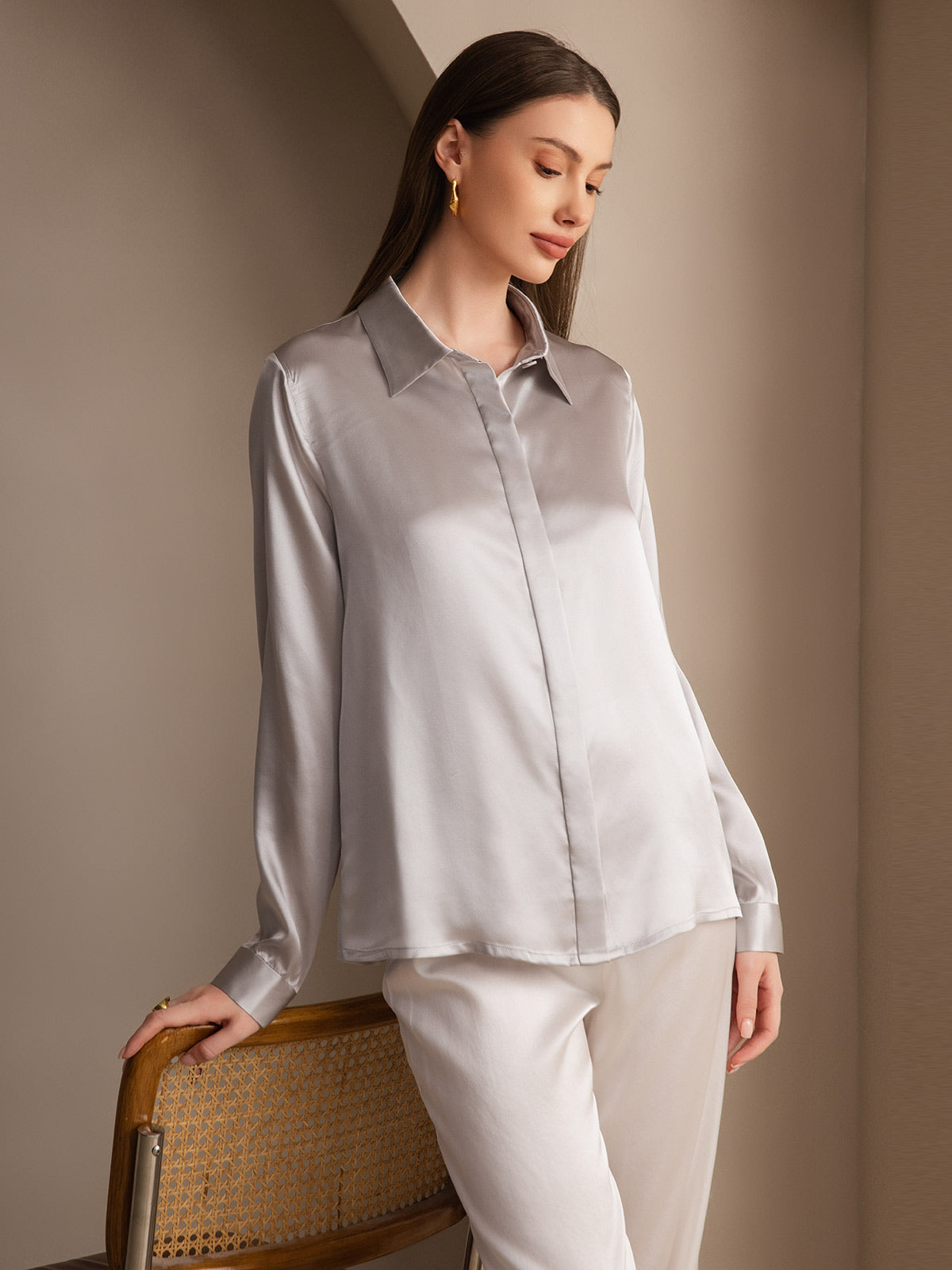 [Ljusgrå] SilkSilky-SE 19Momme Silke Lapel Collar Damskjorta 007