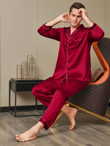 [Röd] SilkSilky-SE Long Sleeve Lapel Collar Herr Pyjama 005
