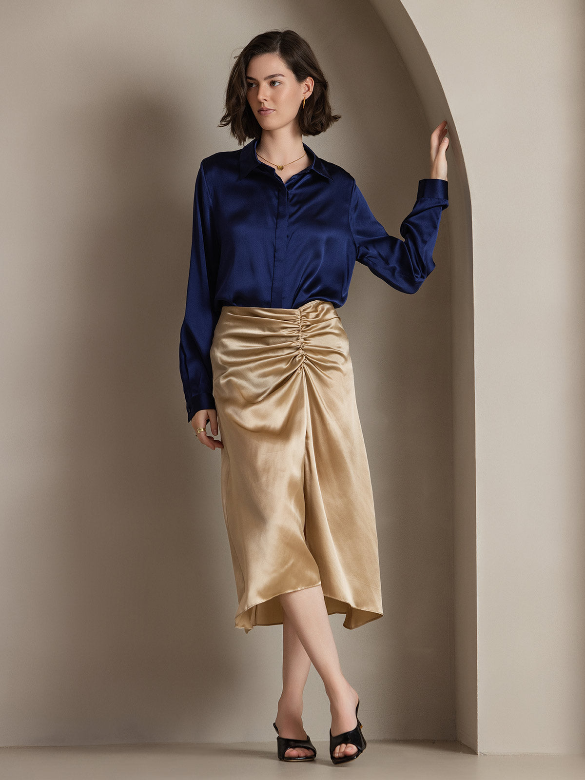 [Mörkblå] SilkSilky-SE 19Momme Silke Lapel Collar Damskjorta 001