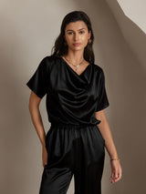 [Svart] SilkSilky-SE Short Sleeve Cowl Neck Damblusar 001