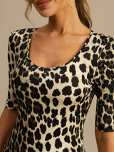 [Leopard] SilkSilky-SE Hårärm Djup Rund Halsringning Dam T-Shirt 006