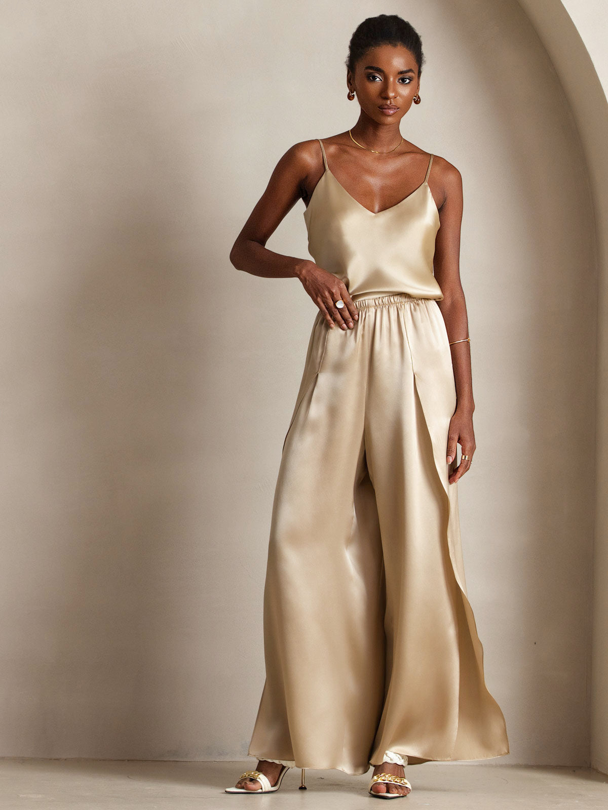 [Champagne] SilkSilky-SE Rent Silke V-Hals Cami Toppar 004