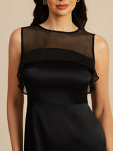 [Svart] SilkSilky-SE 19Momme Sleeveless Illusion Neck Klänning 005