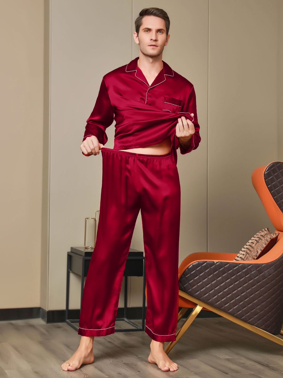 [Röd] SilkSilky-SE Lång Ärm Notchkrage Herr Pyjama 007