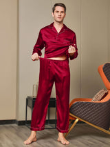 [Röd] SilkSilky-SE Long Sleeve Lapel Collar Herr Pyjama 007
