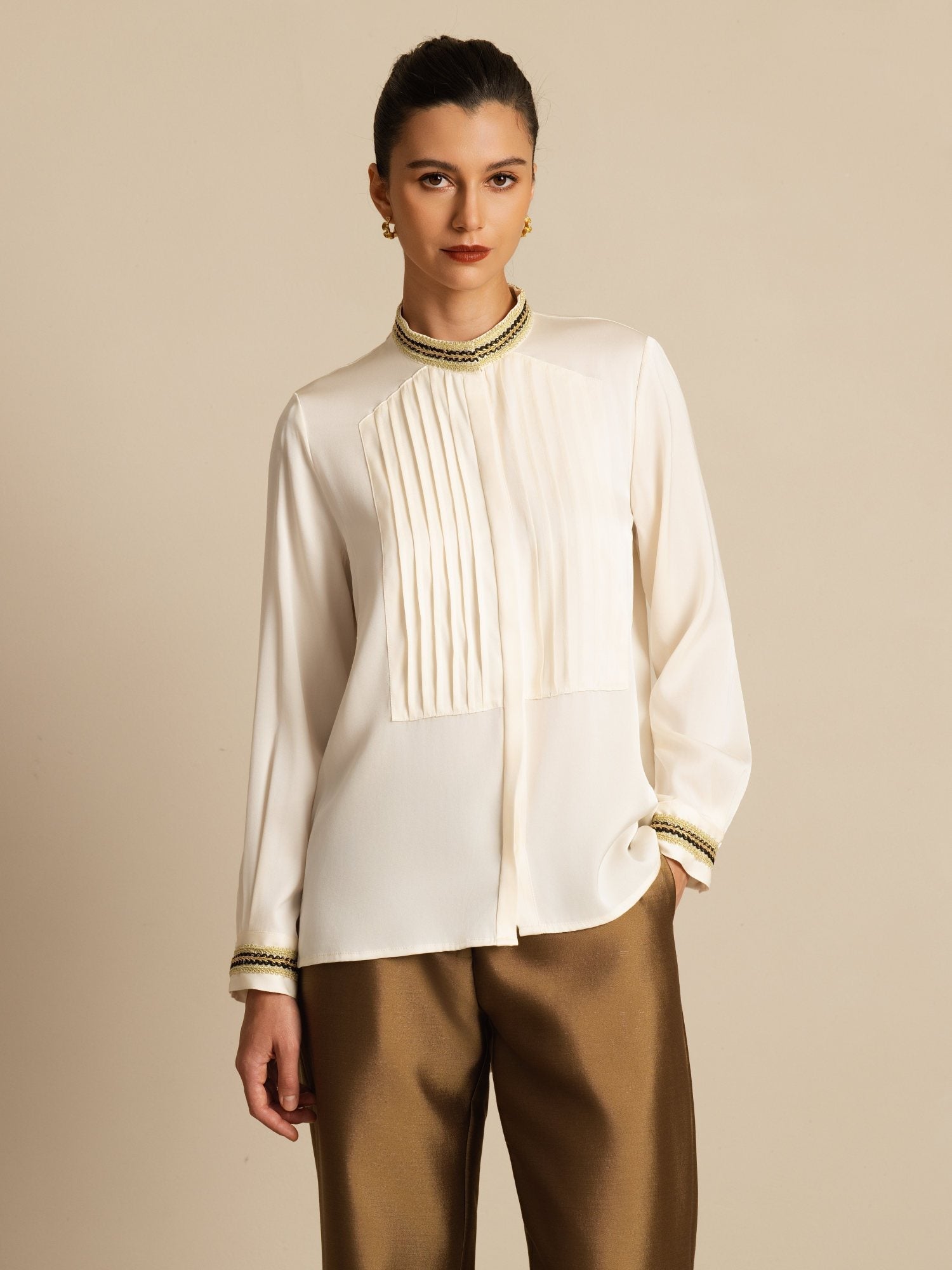 [Havspärla] SilkSilky-SE 19Momme Silke Lång Ärm Ståkrage Blus 003