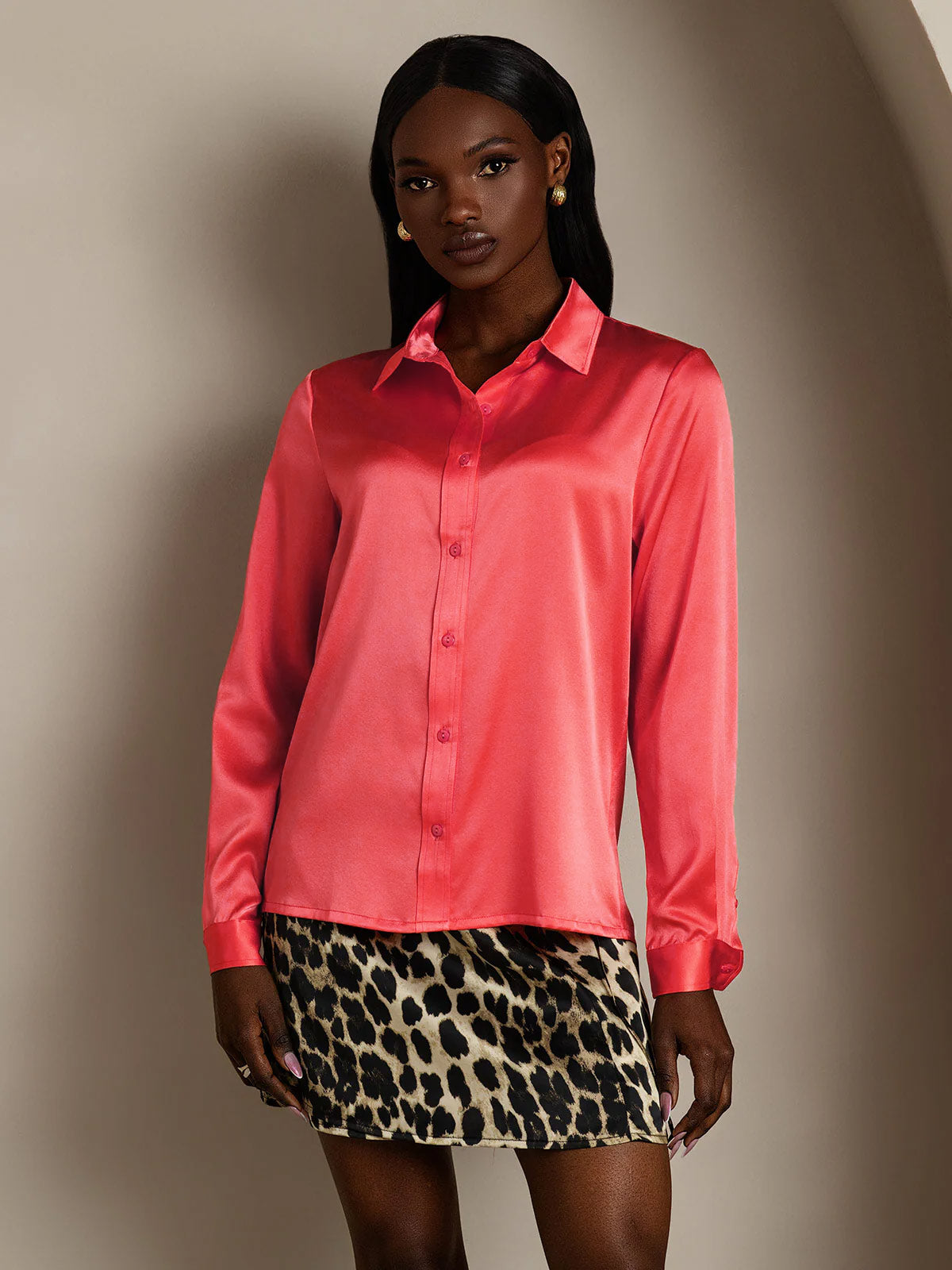 [Kejserligt Röd] SilkSilky-SE 19Momme Lång Ärm Slagkrage Damskjorta 003