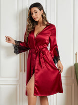 [Mörkröd] SilkSilky-SE Rent Silke 3/4 Ärm Womens Robe 004