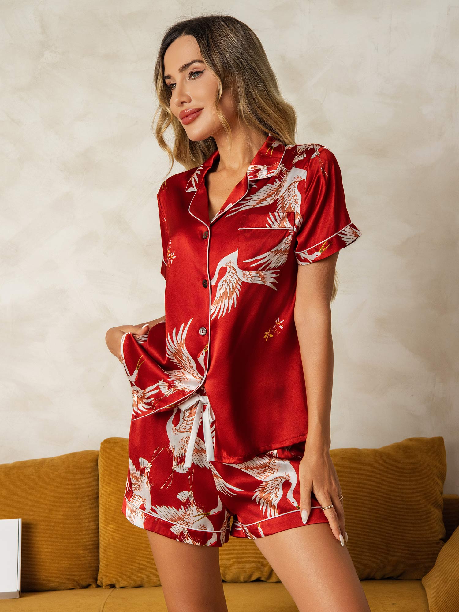 [Mörkröd] SilkSilky-SE 19Momme Rent Silke Kort Ärm Womens Pajamas 007