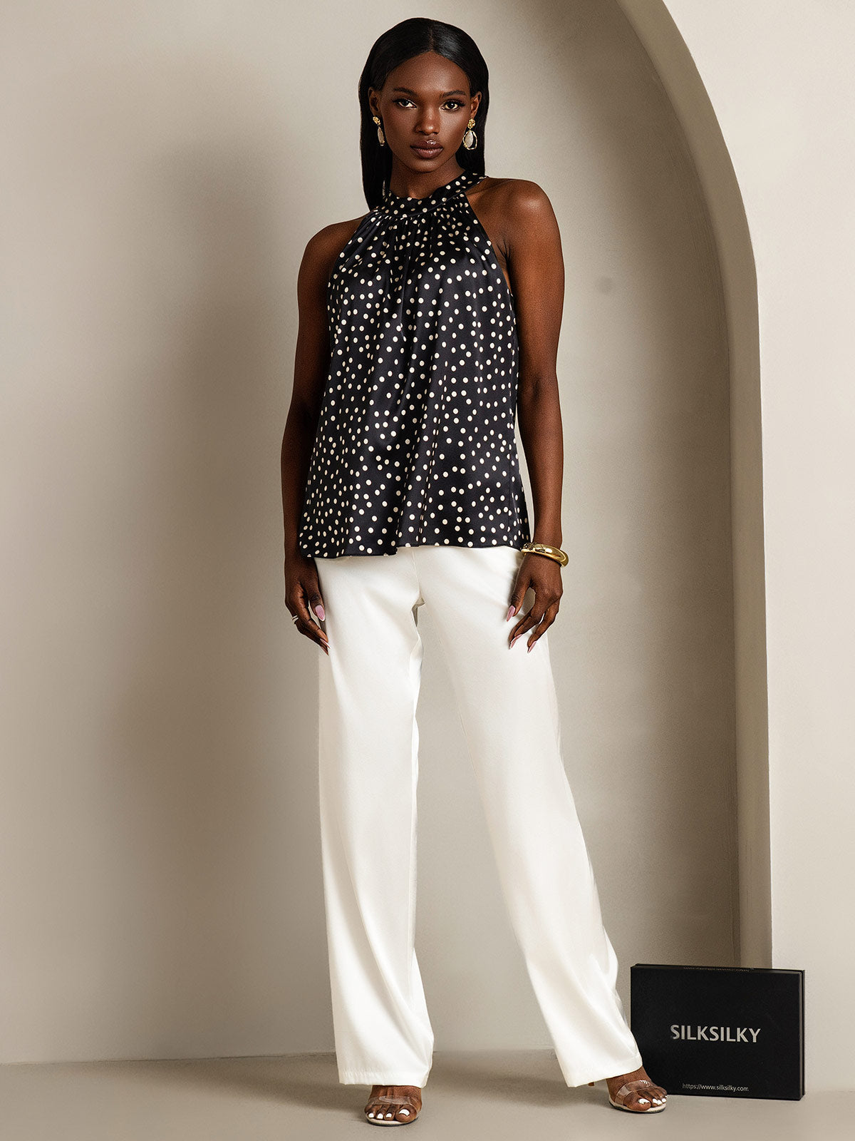 [Svart+Vit] SilkSilky-SE 19Momme Silke Womens T-Shirt 007
