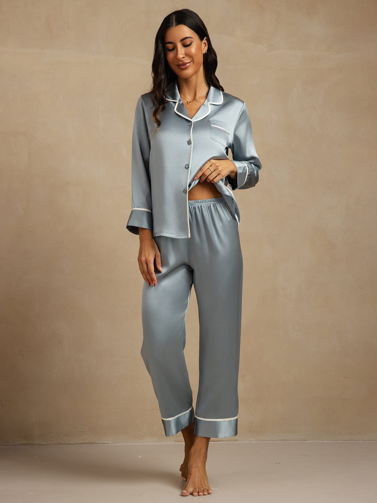 [Gråblå] SilkSilky-SE Rent Silke Krage Dam Pyjama 001