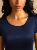 [Mörkblå] SilkSilky-SE Short Sleeve Round Neck Dam Loungekläder 004