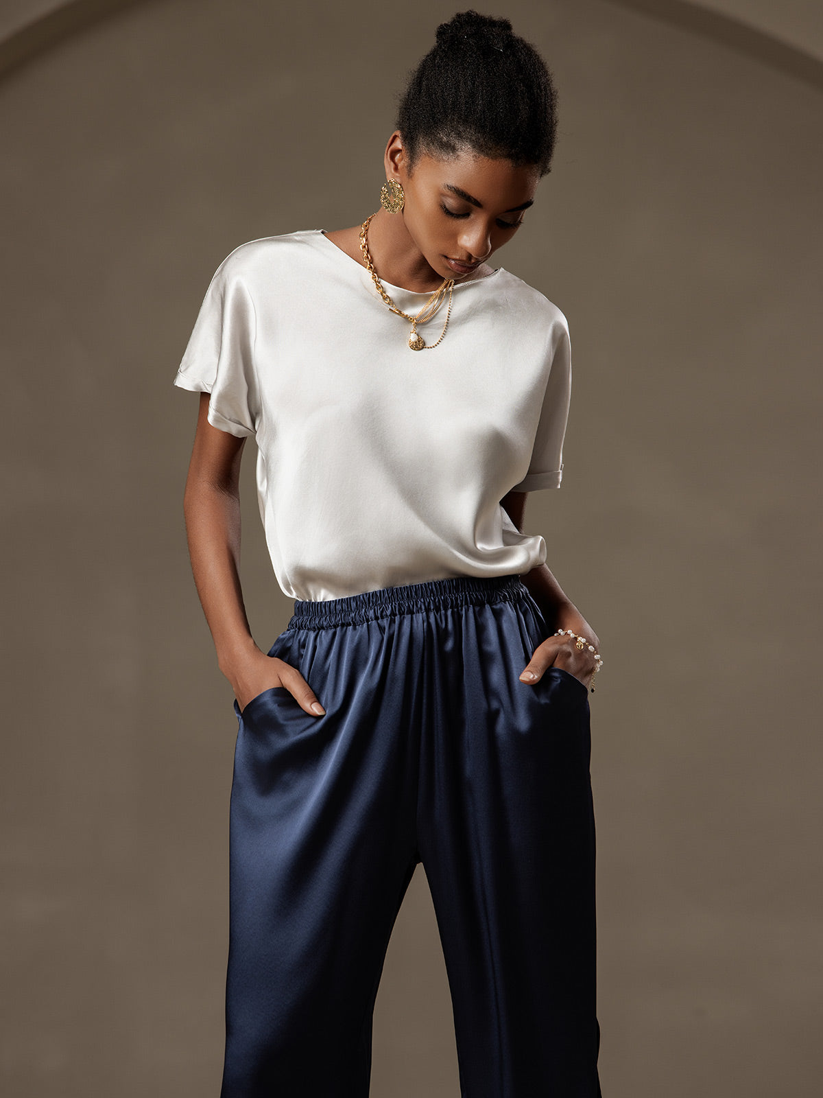 [Ljusgrå] SilkSilky-SE 19Momme Silke Womens T-Shirt 005,