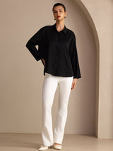 [Svart] SilkSilky-SE Long Sleeve Lapel Collar Blus 006