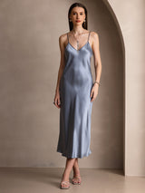 [Gråblå] SilkSilky-SE Spaghetti Strap V Neck Klänning 005