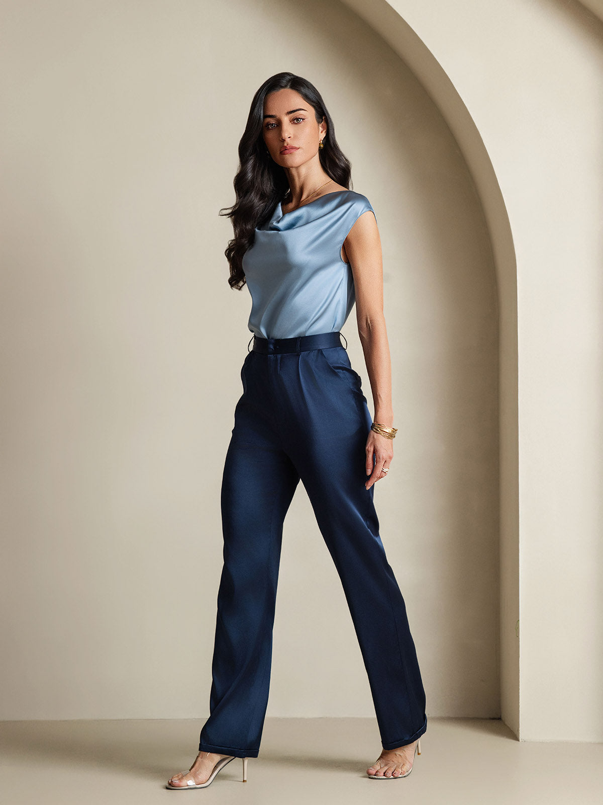 [Gråblå] SilkSilky-SE 19Momme Silke Ärmlös Womens T-Shirt 008