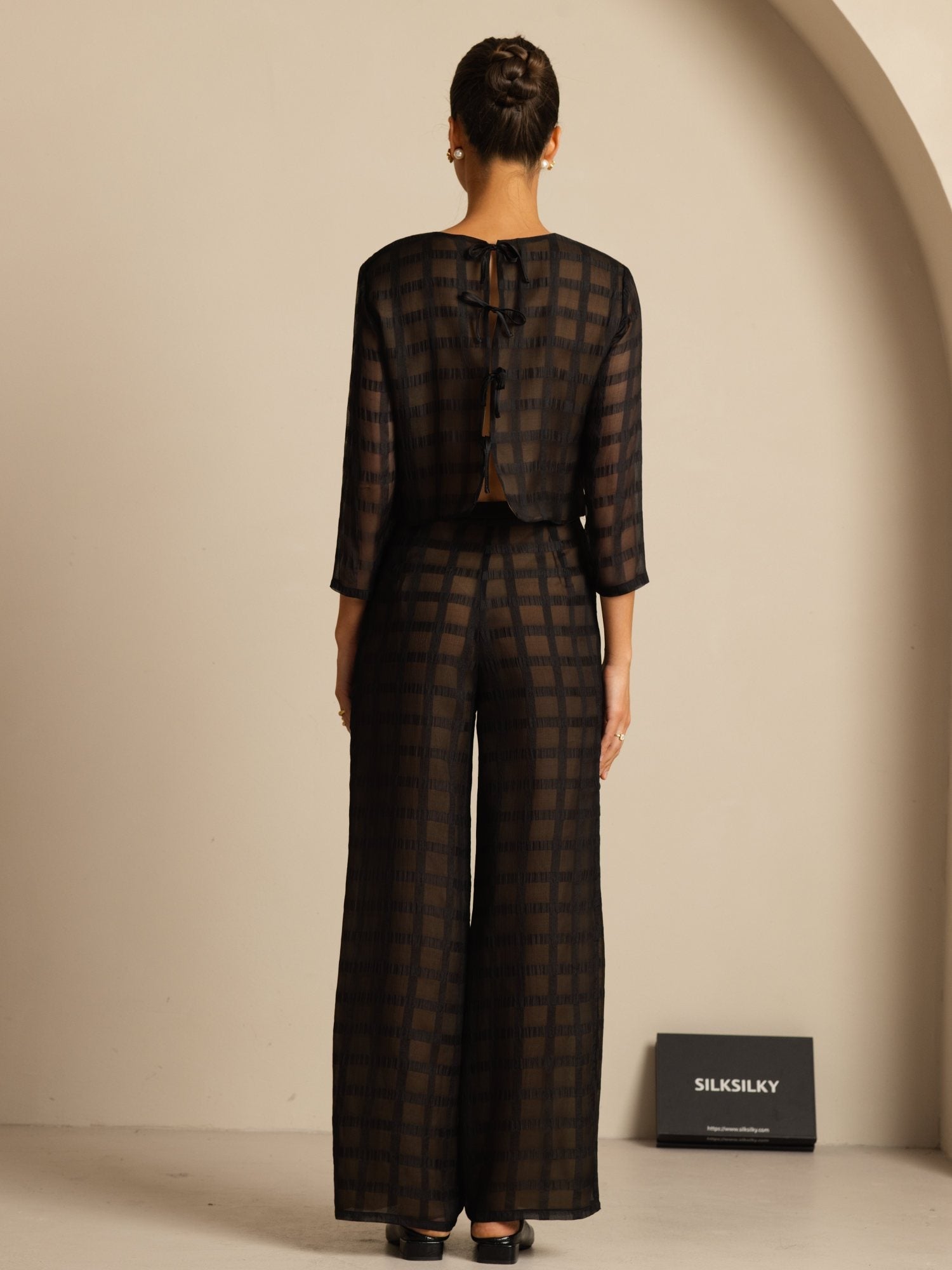 [Svart] SilkSilky-SE Rent Silke Lång Ärm Rund Halsringning Women''s Outfit Sets 002