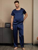 [Mörkblå] SilkSilky-SE Rent Silke Kort Ärm Round Neck Herr Pyjama 001