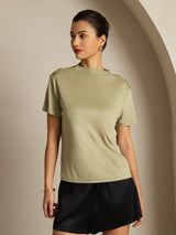 [Torkad Ört] SilkSilky-SE 100% Silk Jersey Short Sleeve Mock Neck Dam T-Shirt 001