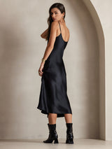 [Svart] SilkSilky-SE Spaghetti Strap V Neck Klänning 002