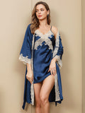 SilkSilky SE Rent Silke 3/4 Ärm Nightgown&Robe Set Blå 005