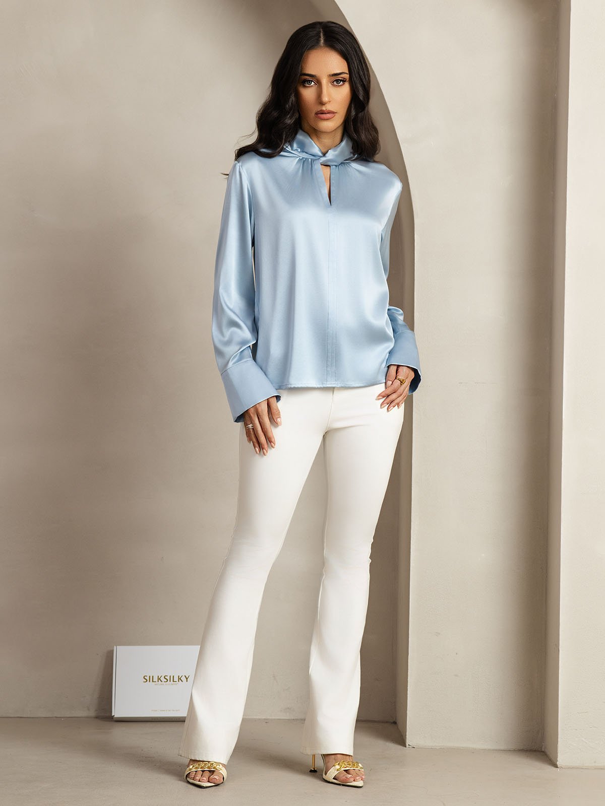 [Gråblå] SilkSilky-SE 19Momme Silke Womens Shirt 011