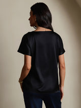 [Svart] SilkSilky-SE 19Momme Kort Ärm Båtringad Dam T-Shirt 002