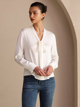 [Vit] SilkSilky-SE Long Sleeve Tie Neck Damblusar 005