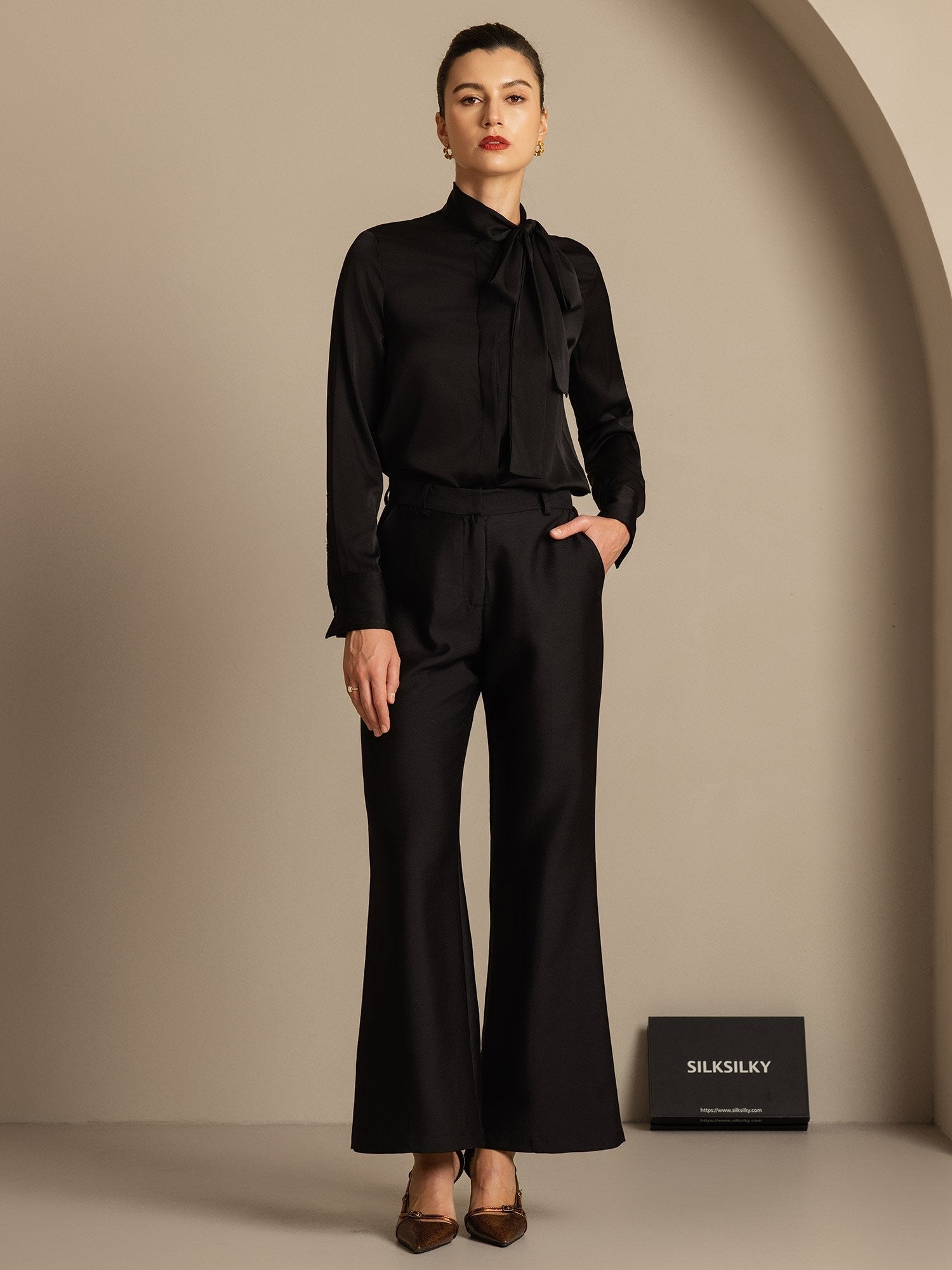 [Svart] SilkSilky-SE 32Momme Silk-Wool Blend Womens Pants 007,