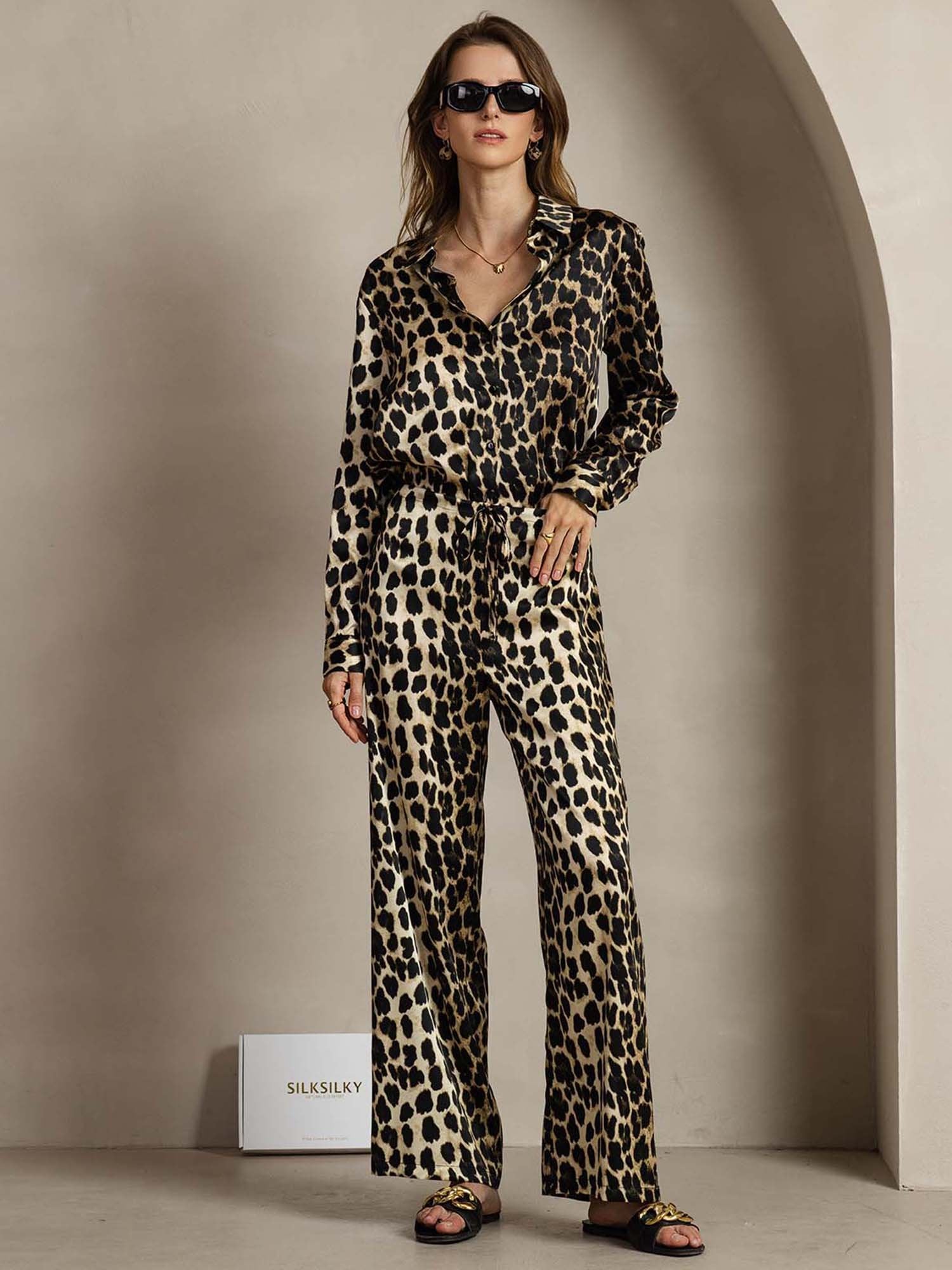 [Leopard] SilkSilky-SE 19Momme Silke Krage Women''s Outfit Sets 001