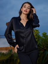 [Svart] SilkSilky-SE Long Sleeve Lapel Collar Damskjorta 005