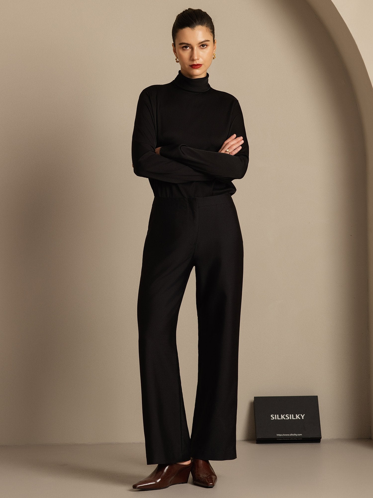 [Svart] SilkSilky-SE 32Momme Silk-Wool Blend Womens Pants 003,