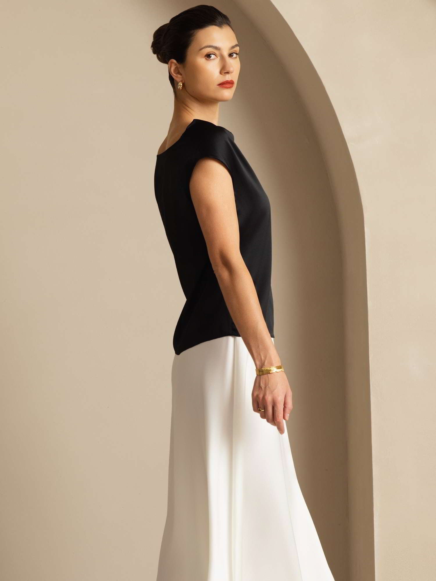 [Svart] SilkSilky-SE 19Momme Silke Ärmlös Womens T-Shirt 002