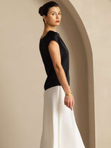 [Svart] SilkSilky-SE Cap Sleeve Cowl Neck Dam T-Shirt 002