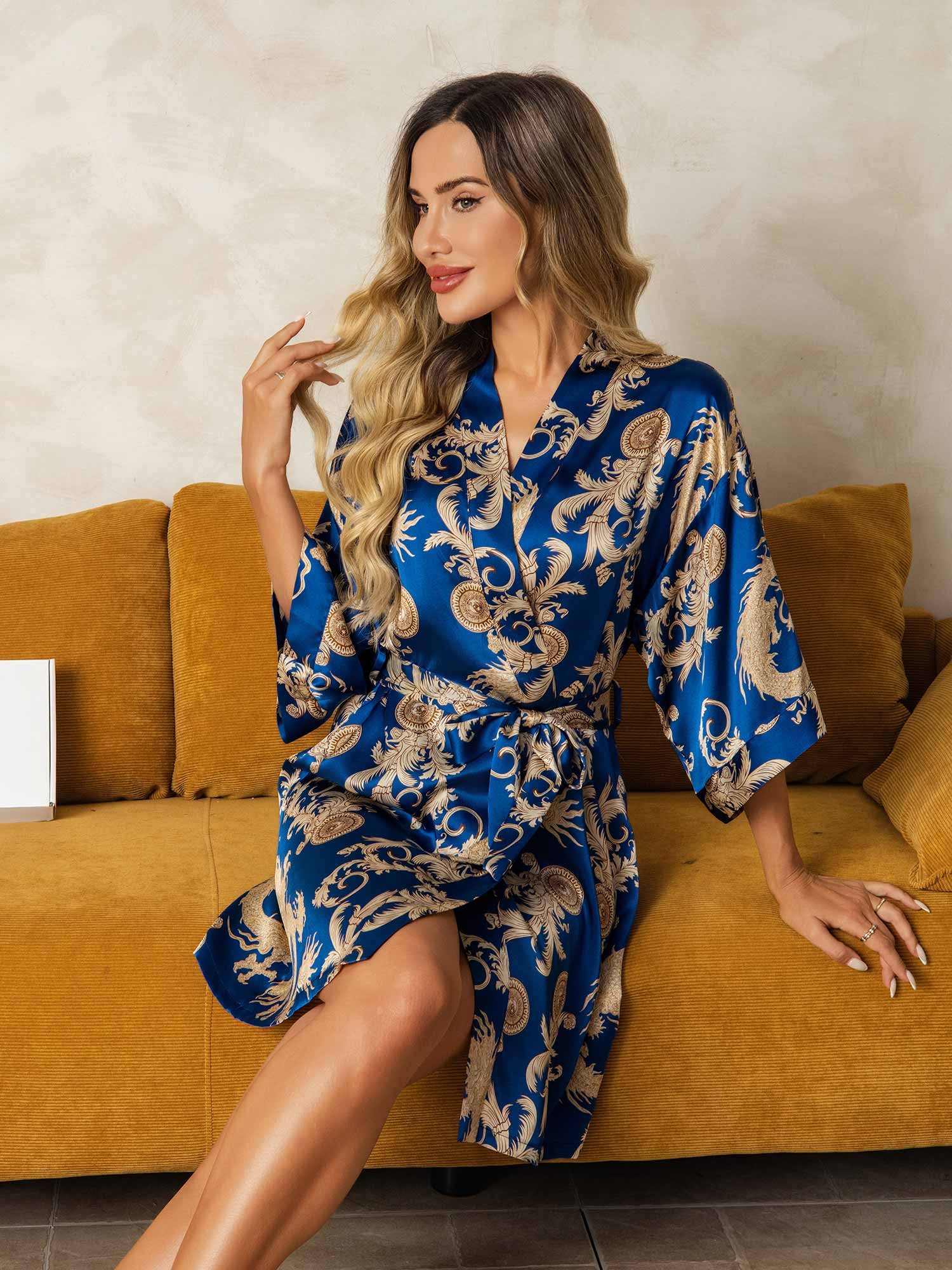 [Blå] SilkSilky-SE Rent Silke Womens Robe 004