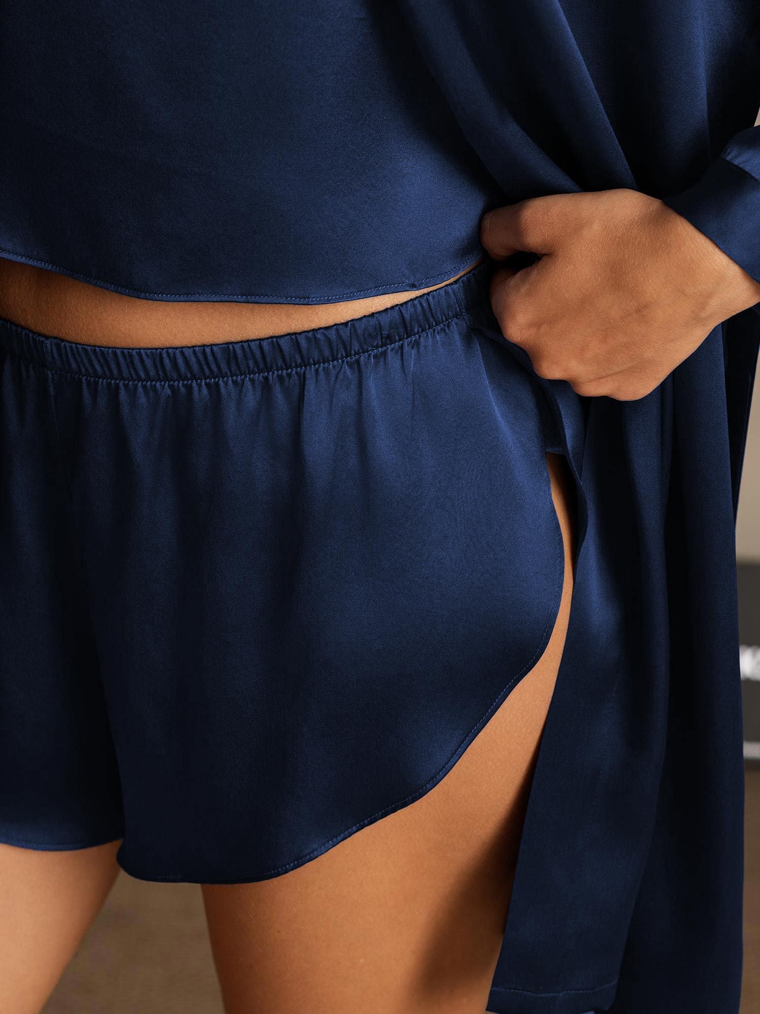 [Mörkblå] SilkSilky-SE Rent Silke Nightgown&Robe Set 005,