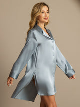 [Gråblå] SilkSilky-SE Long Sleeve Lapel Collar Dam Sömnskjorta 006