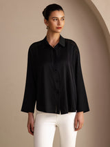 [Svart] SilkSilky-SE Long Sleeve Lapel Collar Blus 001