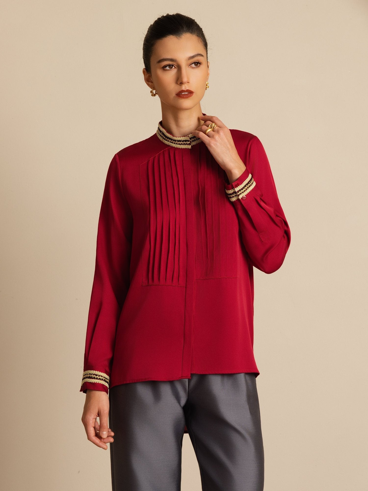 [Vin] SilkSilky-SE 19Momme Silke Lång Ärm Ståkrage Blus 003